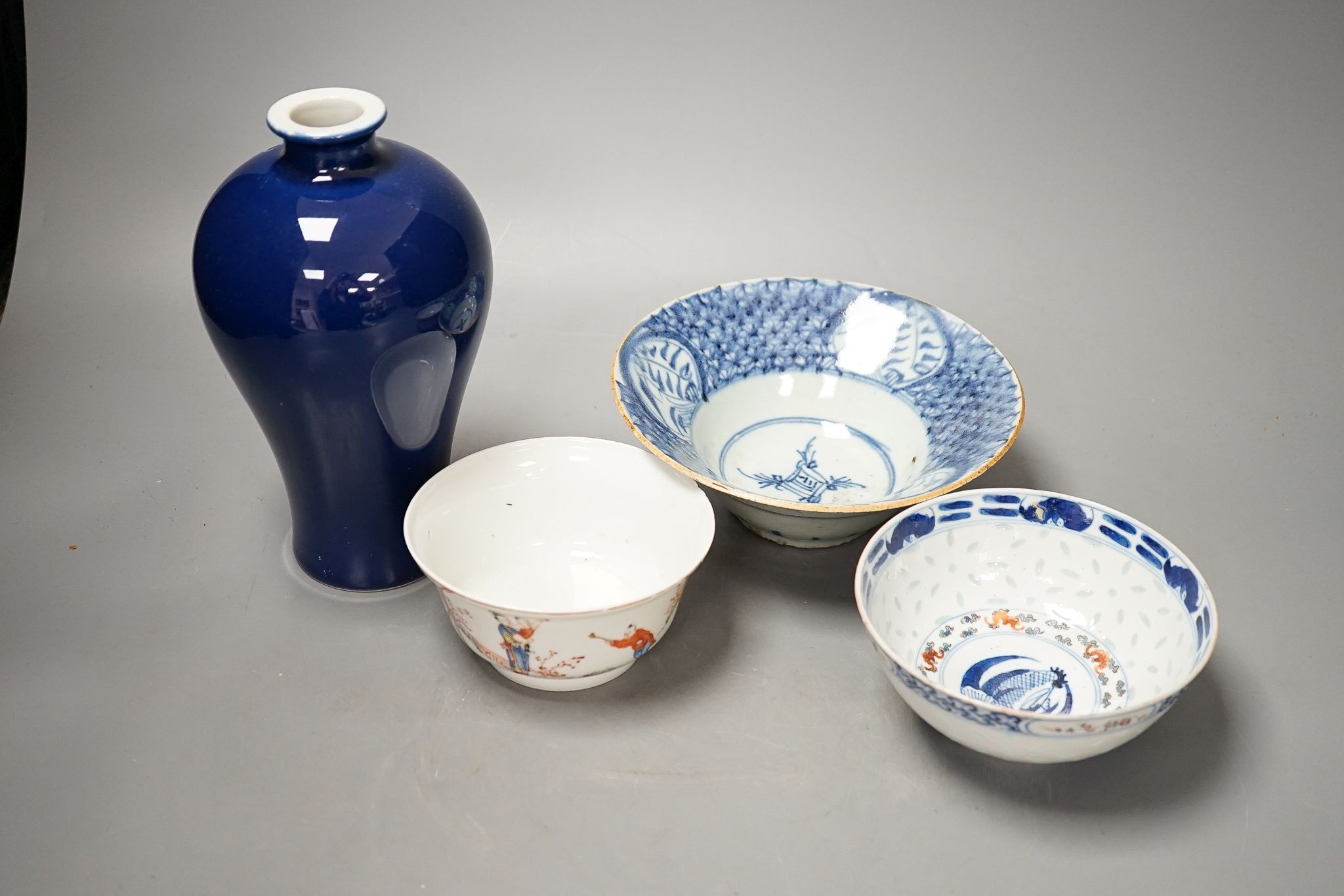 A Chinese blue glazed meiping, 20cm, and three Chinese bowls